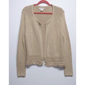 Artisan NY Sweater Cardigan Womens Sz L beige Tan Fringed front open long sleeve